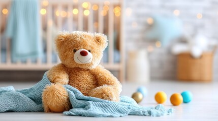 Cozy teddy bear wrapped in a blue blanket sits in a nursery.