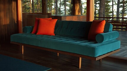 Teal tufted sofa with orange pillows sits in a sunlit room.