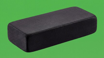 Black rectangular object on a green background, simple composition with a focus on the object's shape and color.