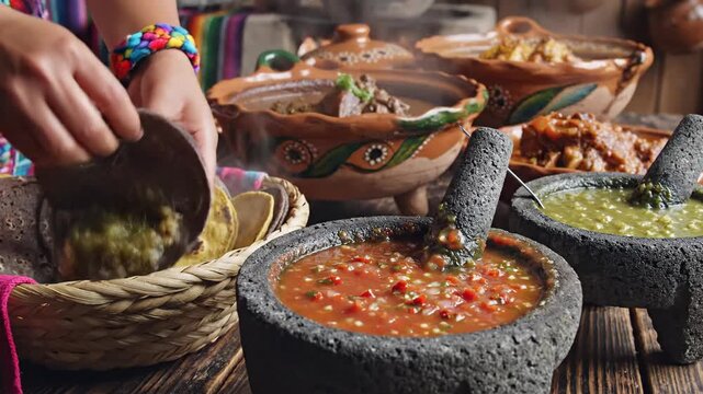 Traditional cuisine display with colorful dishes and tableware