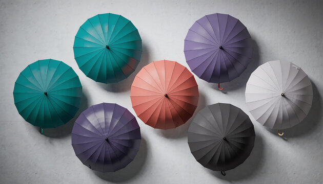 Seven compact umbrellas in various colors arranged on a gray surface viewed from above
