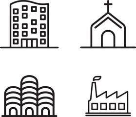 Simple line drawings of four different buildings and structures
