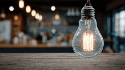 Antique incandescent bulb glows on a rustic wooden table, blurred background.