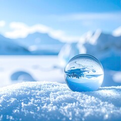 A crystal ball rests on a snow-covered landscape, reflecting a winter scene