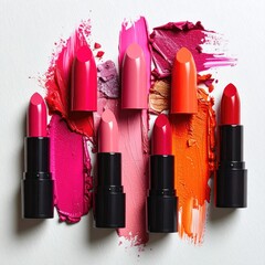 Assorted lipsticks in various shades of pink, red, and orange, arranged on a white background with paint-like smears