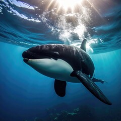 Orca swimming underwater, sunbeams (1)