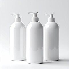Three glossy white pump bottles,  clean and modern design