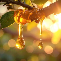 Golden resin drips from a branch, sunlight sparkles
