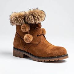 Warm, brown suede boots with faux fur cuffs and pom-poms