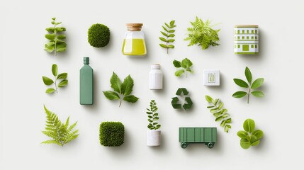 An overhead shot shows various green items, including plants, bottles, and a recycling symbol, scattered on a white surface