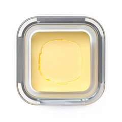 Square, clear glass container holding a pale yellow, smooth butter
