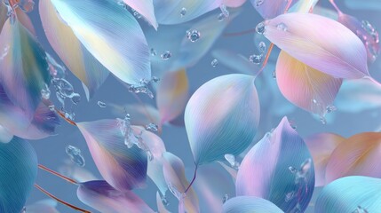 Dreamy, ethereal image of translucent, pastel-colored leaves and floating water droplets in soft, atmospheric lighting