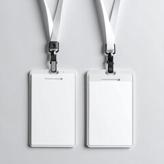 Two blank white ID badges, vertically aligned, with white lanyard