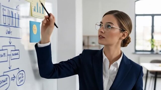 Professional presentation of strategy diagram. A woman presents flowchart and graph using marker on glass board. Represents planning, solution, and business.