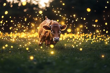 A charming moment captured as a cow bounds playfully through a scattering of fireflies on a warm summer evening, bringing a feeling of magic in the air.