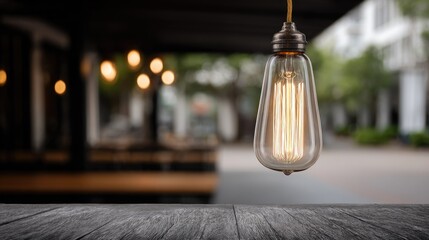 Illuminated vintage bulb hangs over a wooden surface with blurred background.