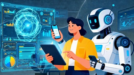 Woman with robot and digital interface - Powered by Adobe