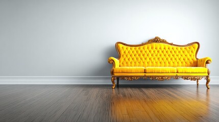Ornate yellow sofa with tufted upholstery stands on a wooden floor.
