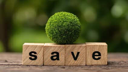 Vibrant Green Moss Ball on SAVE Wooden Blocks Symbolizing Environmental Conservation.