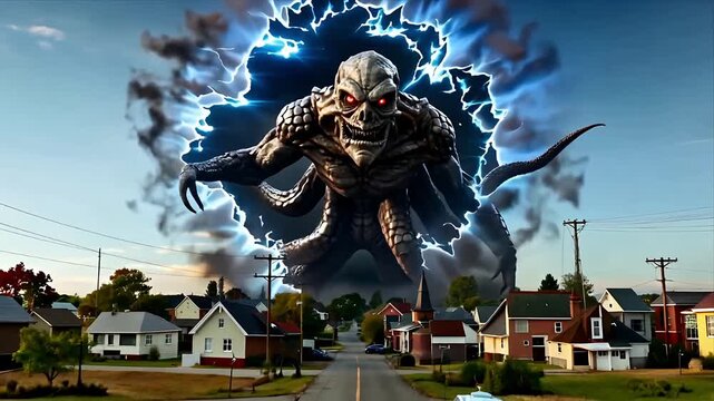 A cinematic horror shot of a massive supernatural creature appearing from another dimension above a small town. The scale, fear, and tension build a strong Stranger Things inspired epic horror