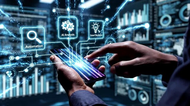 Businessman utilizing a smartphone with AI analysis and automation features for data-driven insights. Concept of artificial intelligence, business intelligence, smart decisions, process optimization,.