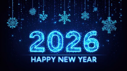 Celebrate the arrival of year 2026 with a stunning display of luminous snowflakes and neon digits.