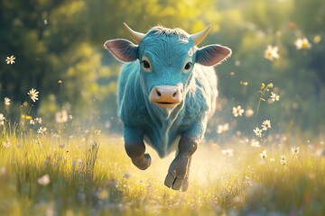 A charming robin-egg blue cow playfully scurrying across a sunlit grassland, surrounded by tiny wildflowers dancing in the breeze, exemplifying a joyful rural twist.
