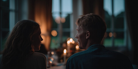 Silhouetted partners talk quietly while glowing points create dreamy background ambience.