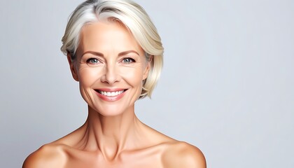 Portrait of a mature woman with short, white-blonde hair and a bright, happy smile, set against a gray backdrop