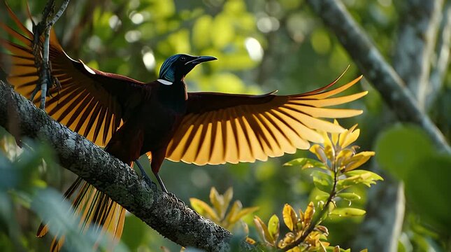 Magnificent Bird of Paradise Displays its Vibrant Plumage in Lush Rainforest.