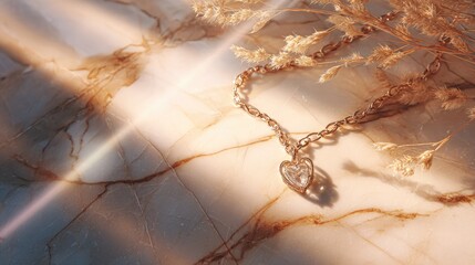 Delicate gold-toned heart pendant necklace rests upon a polished marble surface illuminated by soft sunlight.