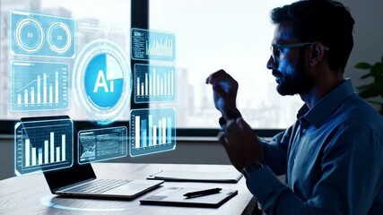Professional man analyzes business data on a futuristic AI holographic interface, optimizing performance and driving strategic growth through advanced analytics and digital transformation. - Powered by Adobe