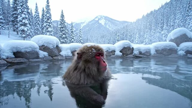 Japanese snow monkey relaxing in natural hot spring onsen with snowy mountains