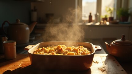 Steaming Hot Casserole Dish on a Kitchen Countertop Bathed in Warm Sunlight.