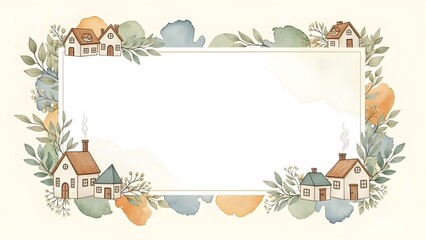 Watercolor welcome card featuring cozy houses and foliage border  