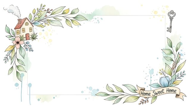 Watercolor home sweet home decorative frame with floral elements  