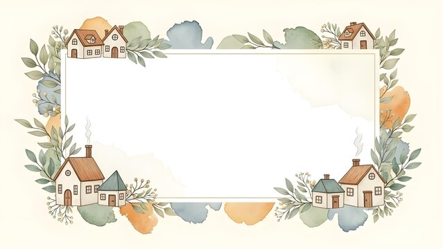 Watercolor welcome card featuring cozy houses and foliage border   - Powered by Adobe