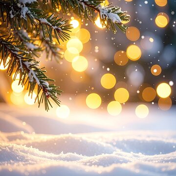 Snowy Christmas scene with twinkling lights. A close-up of a snowy pine branch extends from the top, with out-of-focus golden lights and snow falling gently, creating a magical winter atmosphere