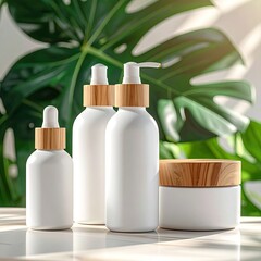 White cosmetic bottles and jar with light brown wooden lids arranged on a marble surface, surrounded by lush green leaves