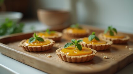 Delicious homemade mango tarts with fresh mint leaves on a wooden tray, perfect for a sweet treat or dessert.
