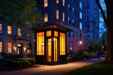 Night urban park with illuminated glass entry pavilion beside tall brick buildings; warm glow vs blue shadows