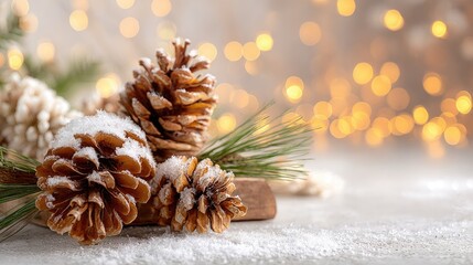 Snow dusted pine cones sit on a textured surface with warm bokeh lights.