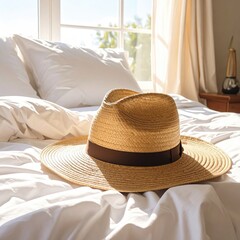 A straw hat rests on a sun-drenched bed, bathed in natural light