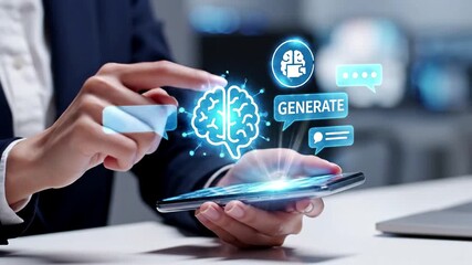Professional woman interacting with generative AI on smartphone, leveraging artificial intelligence for automated content creation, digital communication, and business efficiency.