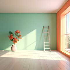 Empty room, mint green & coral walls, sunlit, flowers, wooden ladder