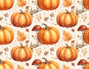 Watercolor pumpkin and autumnal elements repeating pattern