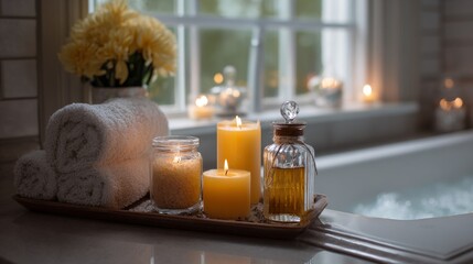 A tranquil bathroom scene lit candles, rolled towels, and a decorative tray set near a filled bathtub by a window