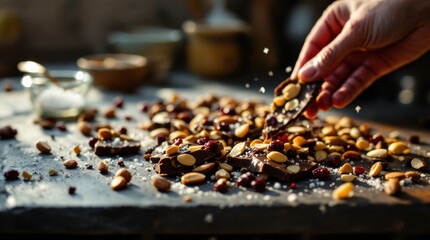 Close-up of a hand scooping a mix of nuts and dried fruits from a wooden surface, with some pieces scattered around.