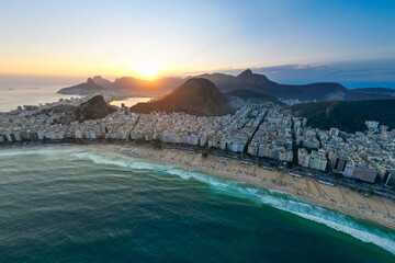 Copacabana Beach in Rio de Janeiro Aerial View on Sunset