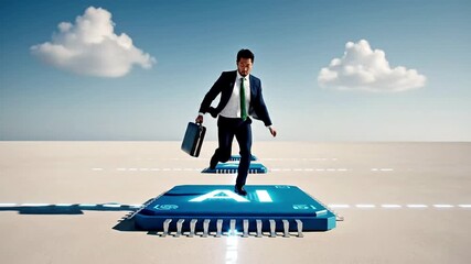 Businessman navigating AI chips for digital transformation. Represents artificial intelligence, machine learning, future technology, business growth, innovation, and strategic progress in the digital.